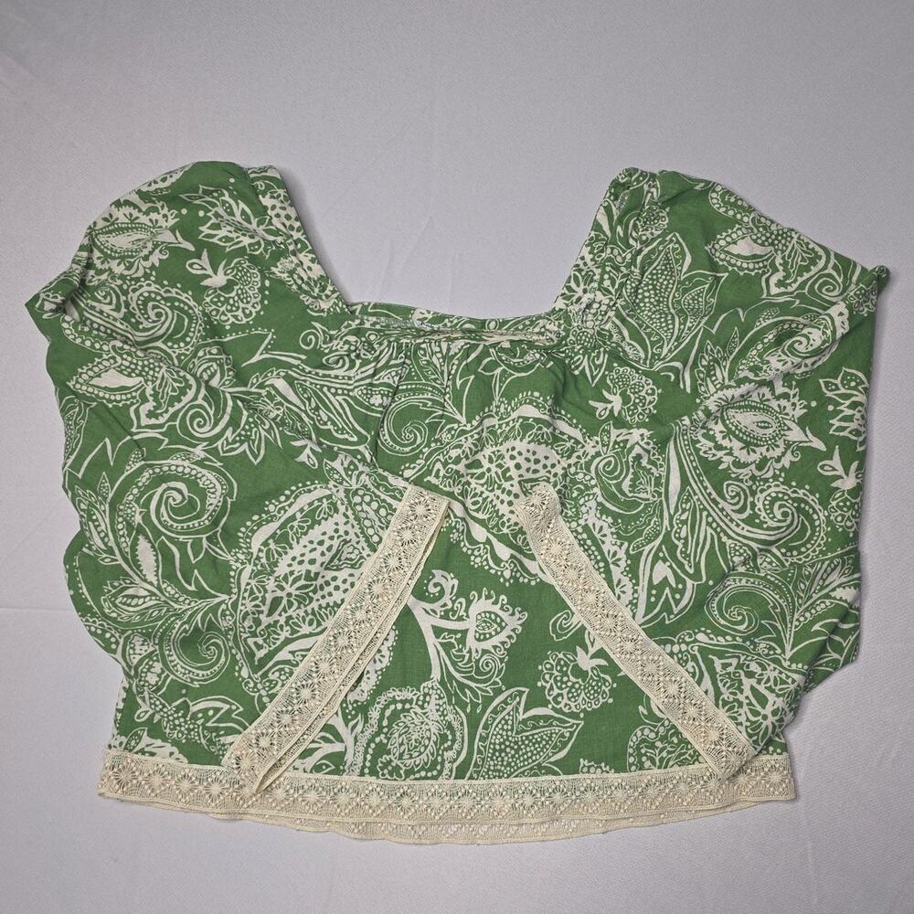 Nicole Miller Green Paisley Lace Trim Square Neck Blouse Size L